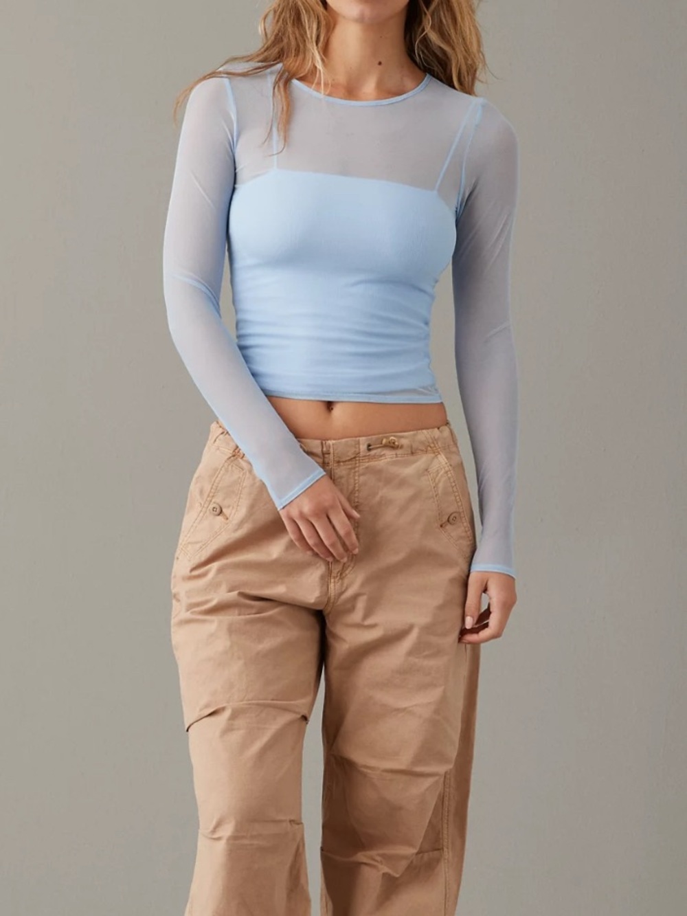 AE Light Blue Sheer Long-Sleeve Crop Top - Women